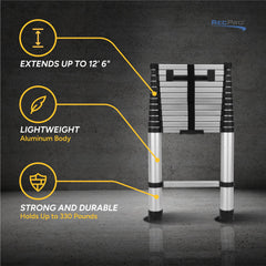 RecPro collapsed ladder beside ruler showing compact storage benefit