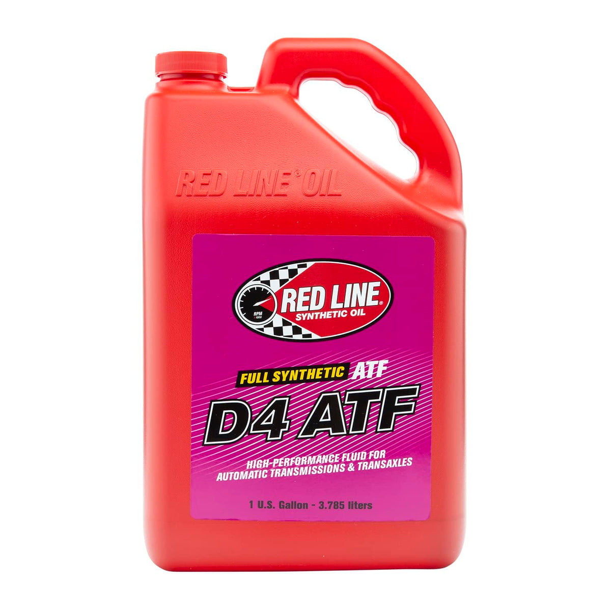 Red Line 30505 D4 synthetic ATF one-gallon front view showing clear branding and container benefits
