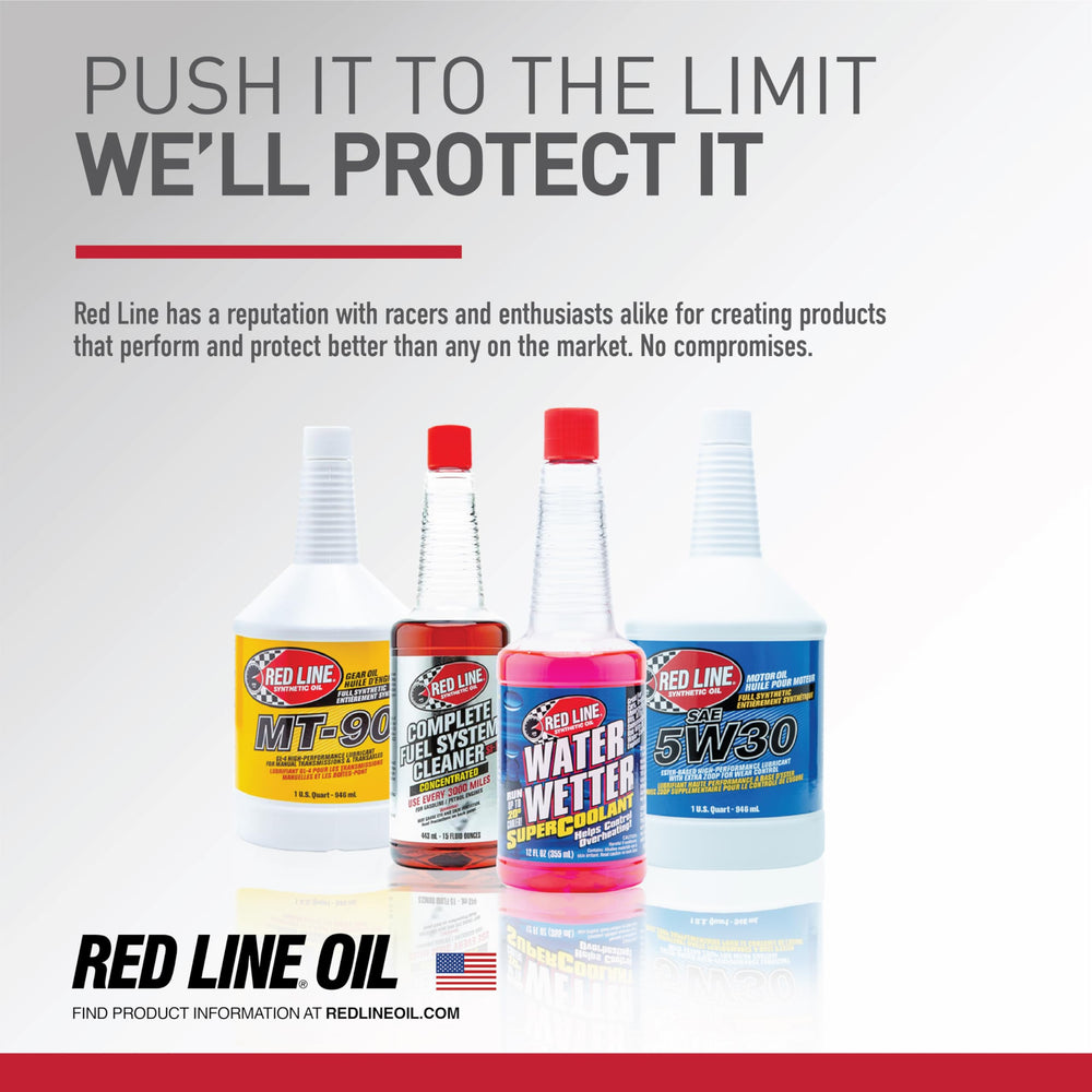 Red Line gallon beside mechanic tools showing scale and workshop convenience benefit