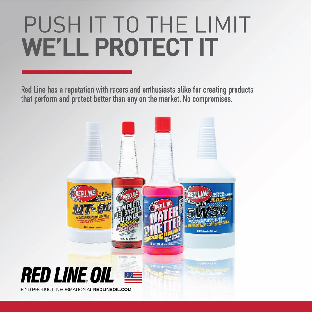 Red Line bottle staged in a garage setting showing suitability for street and race use