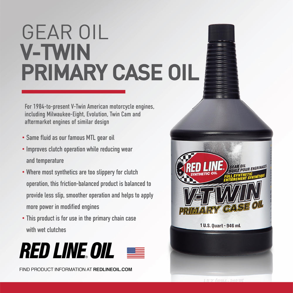 Red Line oil being poured into a motorcycle primary case to ensure proper application