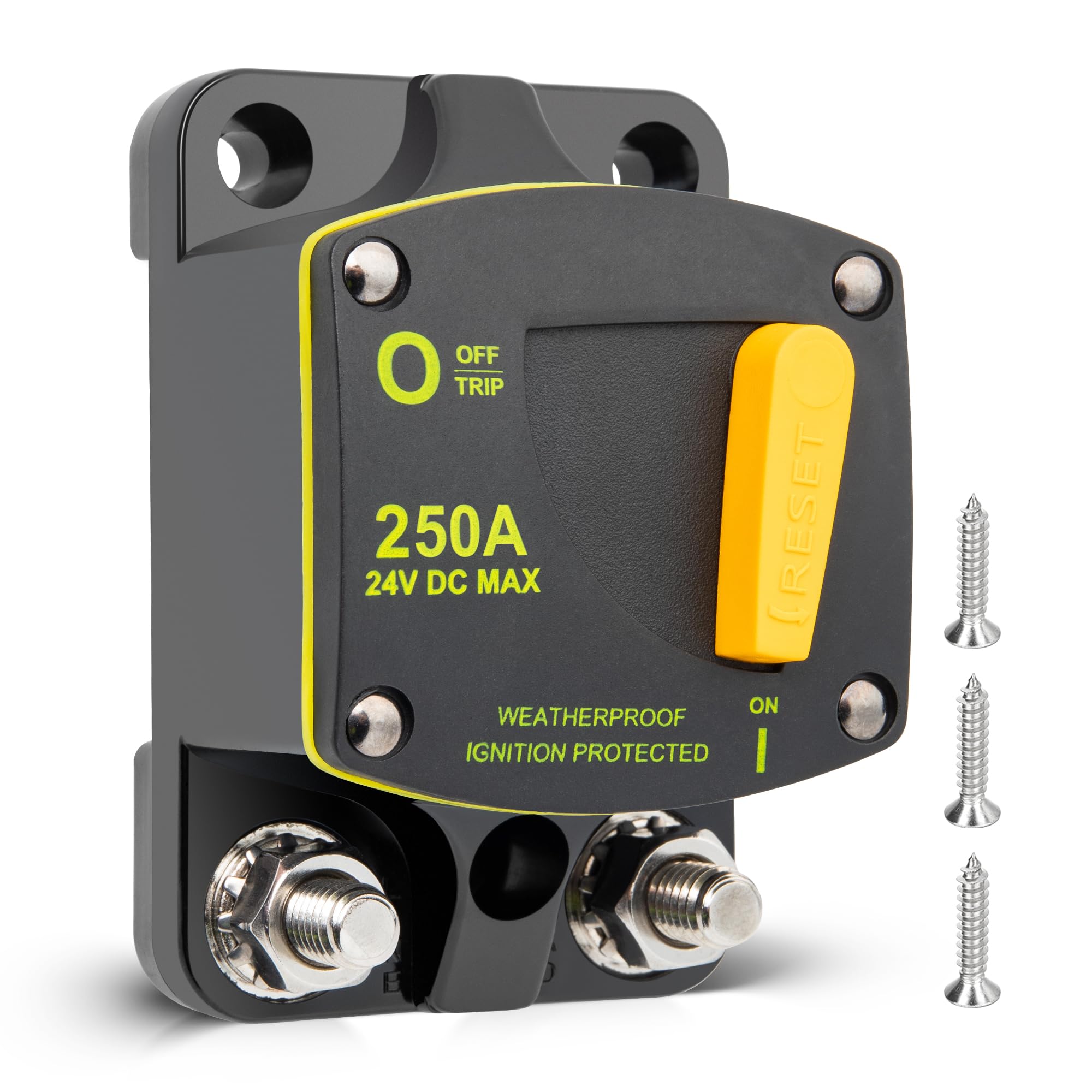 RED WOLF front view of 250A circuit breaker showing compact durable housing and easy reset