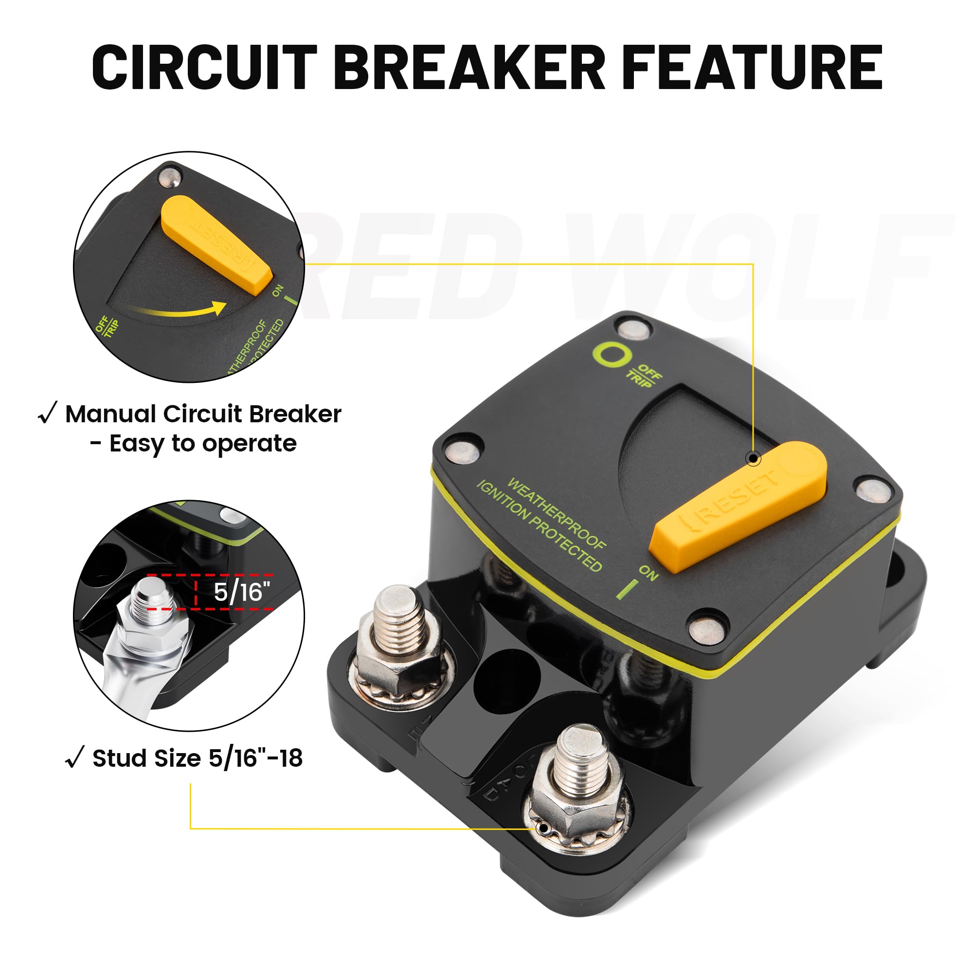 RED WOLF manual reset button detail for quick recovery after trips and safe operation