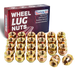 Reeauto front view of 24 zinc-gold lug nuts showing complete replacement set and corrosion resistance