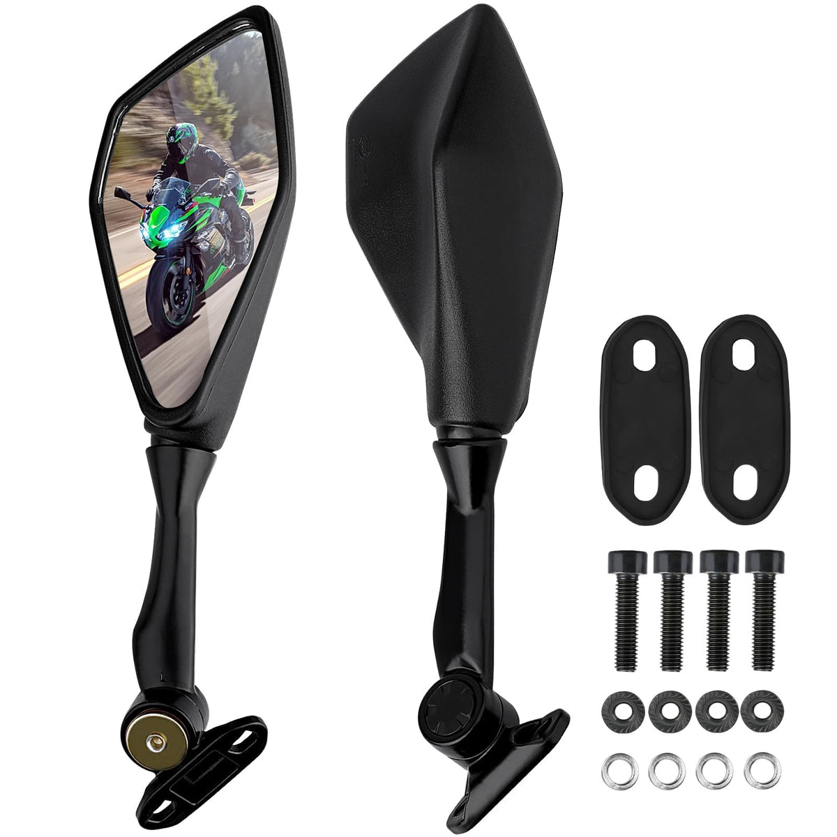 Refitial front view pair mounted on Ninja showing improved rear visibility