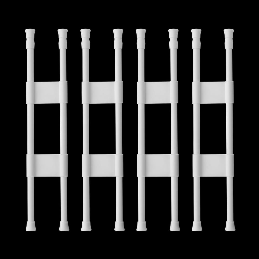 Reggory front view of four sets of rods showing included parts and packaging, clear organization benefit