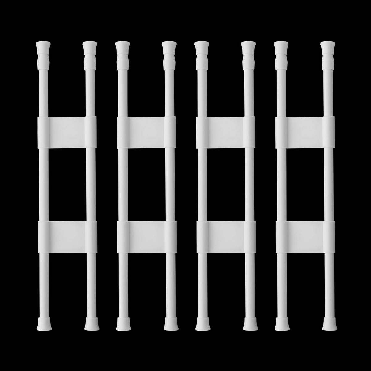 Reggory front view of four sets of rods showing included parts and packaging, clear organization benefit