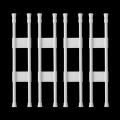 Reggory front view of four sets of rods showing included parts and packaging, clear organization benefit