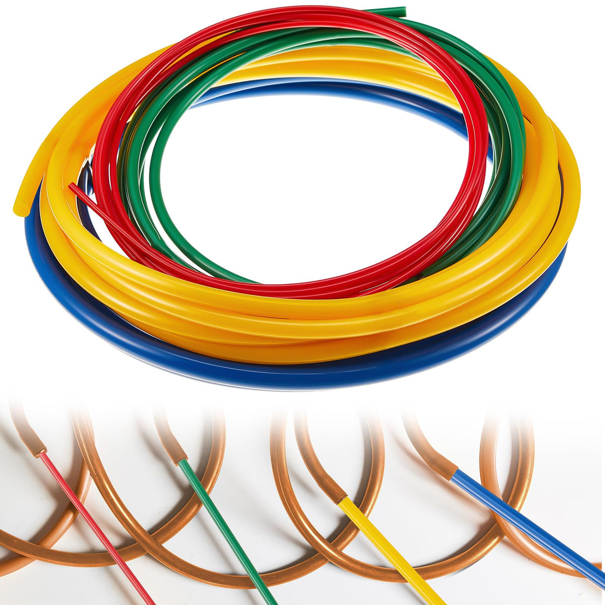 Relaxweex front view of 4pcs copper tubing kit showing included diameters and labels for quick selection