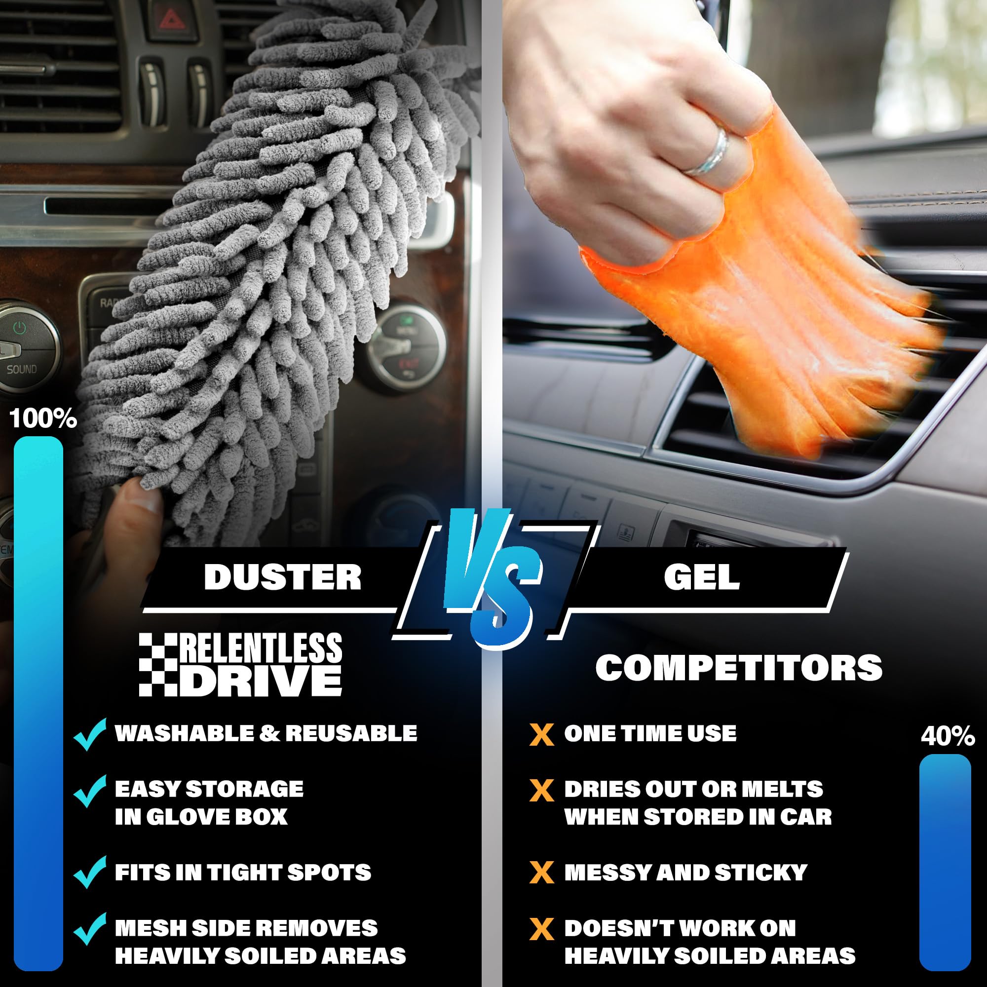 Relentless Drive cleaning air vent detail capturing dust from tight spaces