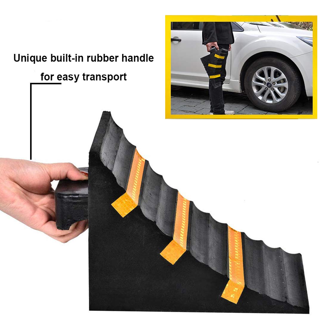 RELIANCER chock placed under truck wheel showing secure hold benefit