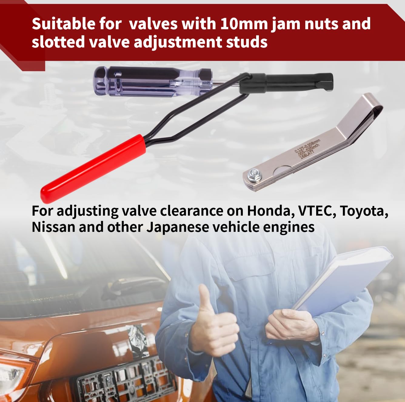 Relioky tool in use on an engine demonstrating easier jam nut adjustment