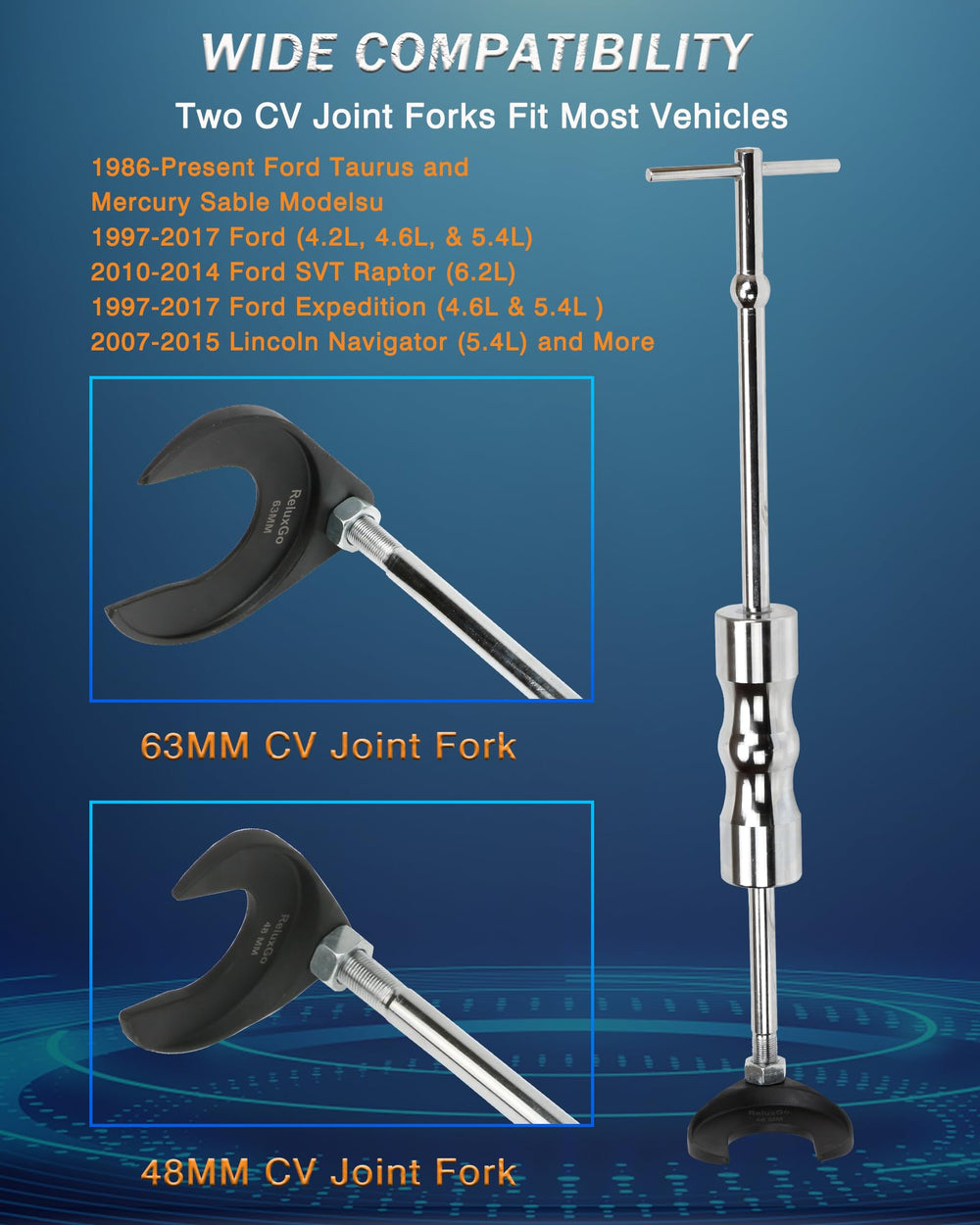 ReluxGo 63mm and 48mm CV joint forks closeup showing fit options and robust steel construction