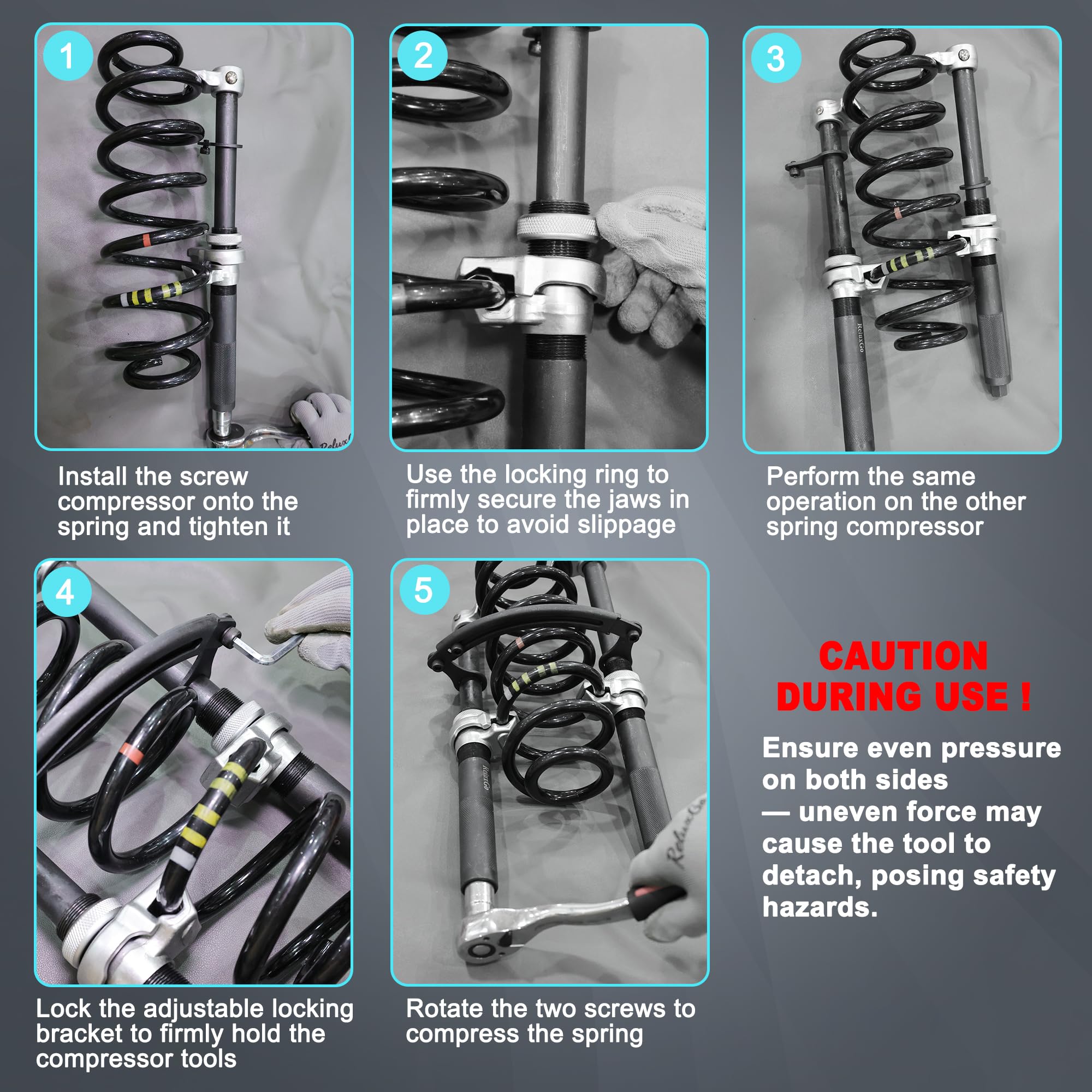 ReluxGo compressor in use on a car strut demonstrating safer spring removal