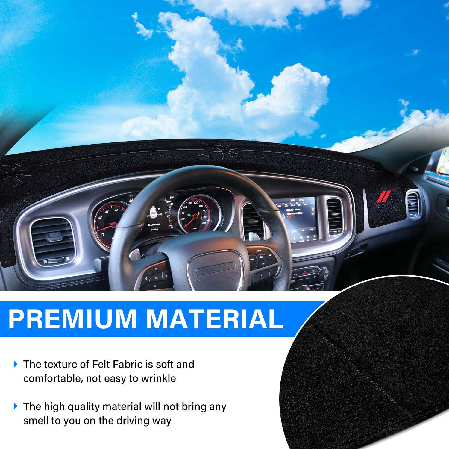 REMOCH dash cover installed in Dodge Charger reducing windshield glare