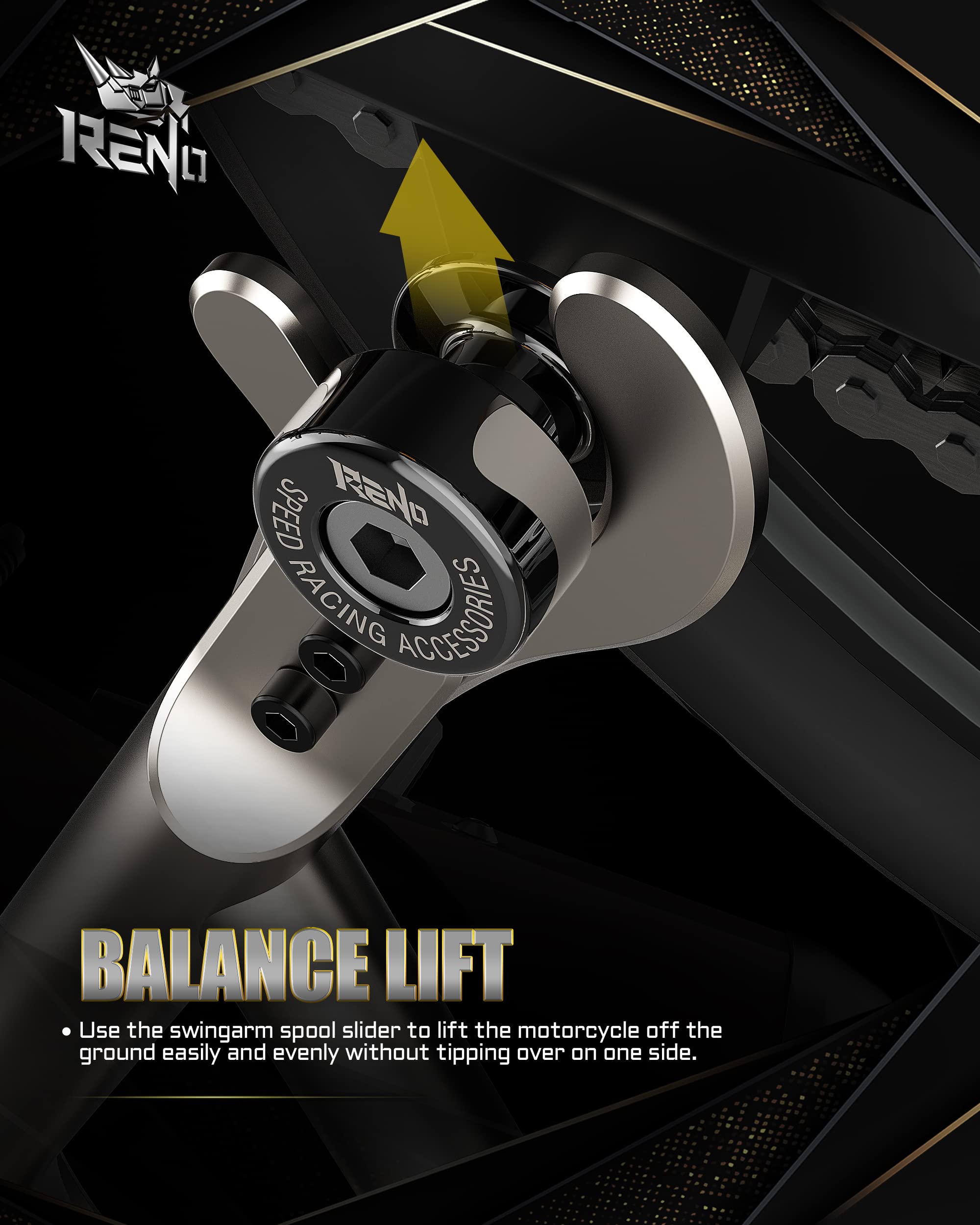 RENO spools lifting rear wheel on paddock stand for safe maintenance