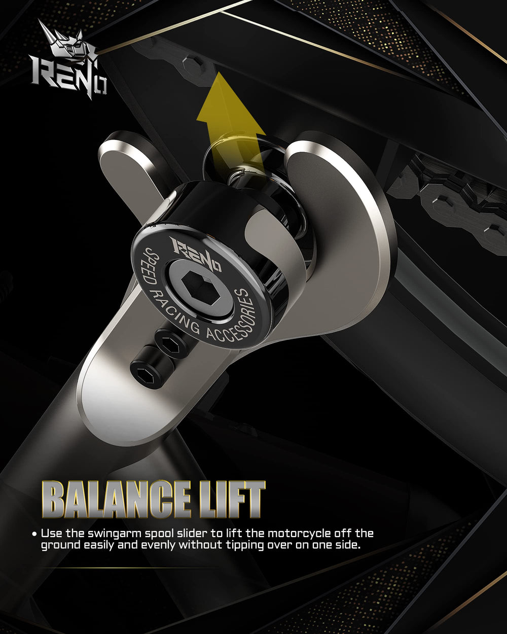 RENO spools lifting rear wheel on paddock stand for safe maintenance
