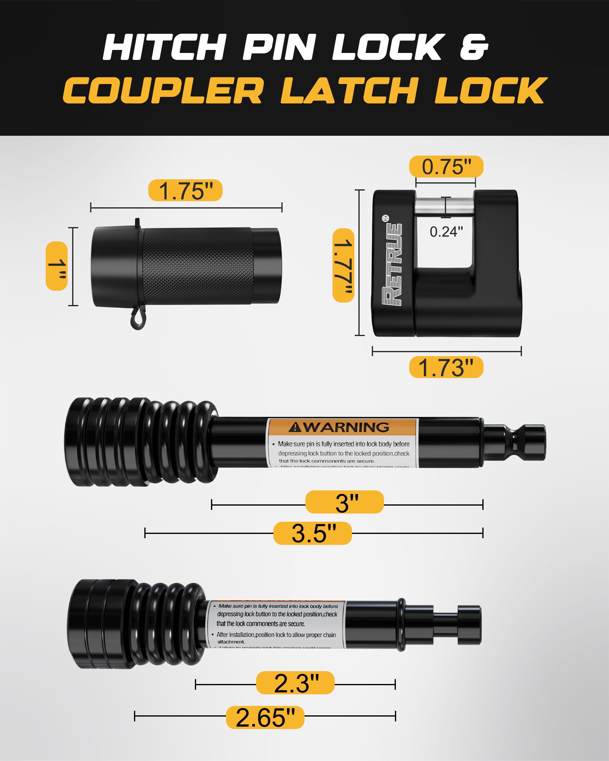 RETRUE tongue pin installed in latch‑type coupler, quick secure fit for peace of mind