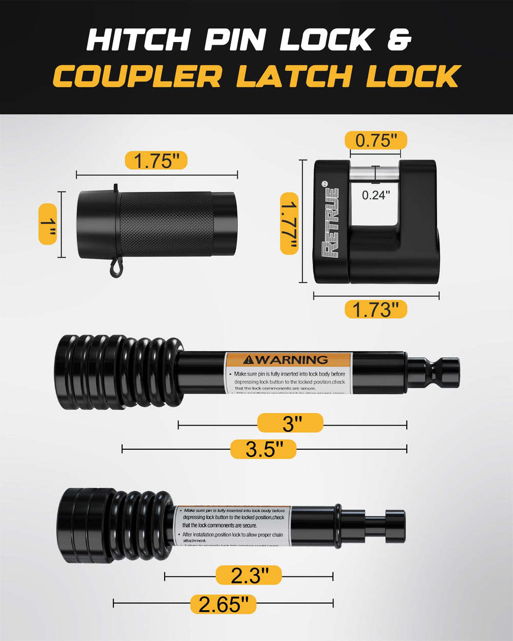 RETRUE tongue pin installed in latch‑type coupler, quick secure fit for peace of mind