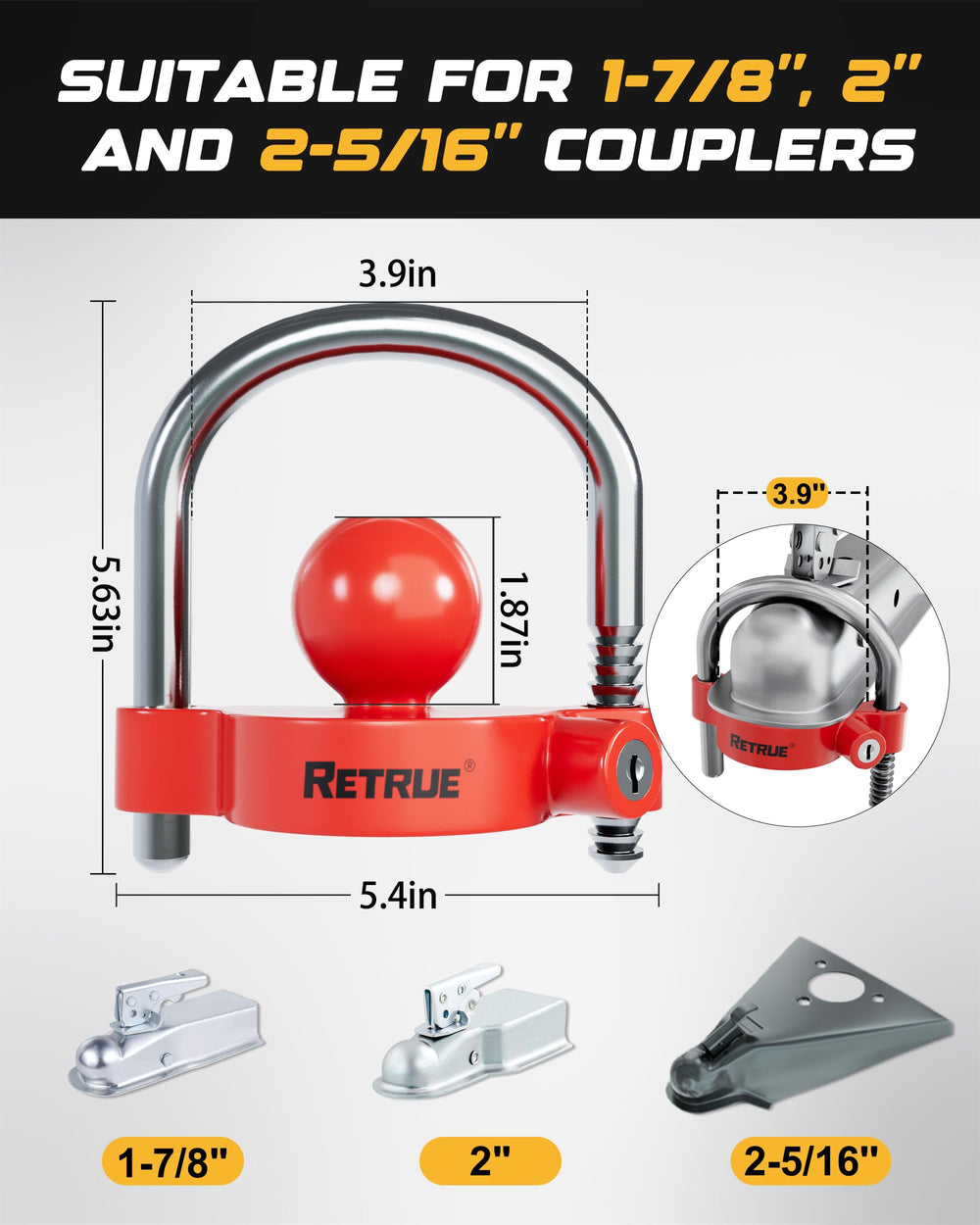 RETRUE coupler lock installed on a trailer coupler demonstrating secure fit