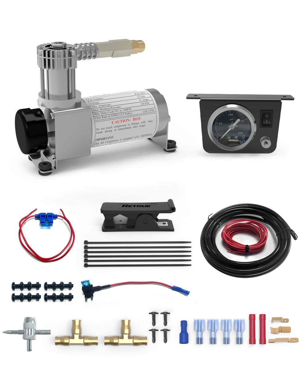 RETRUE compressor front view showing durable housing and fast inflation benefit