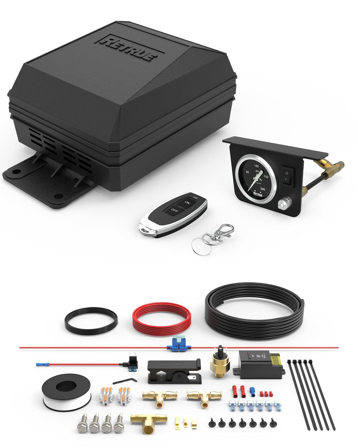 RETRUE compressor front view showing compact design and fast inflation benefit
