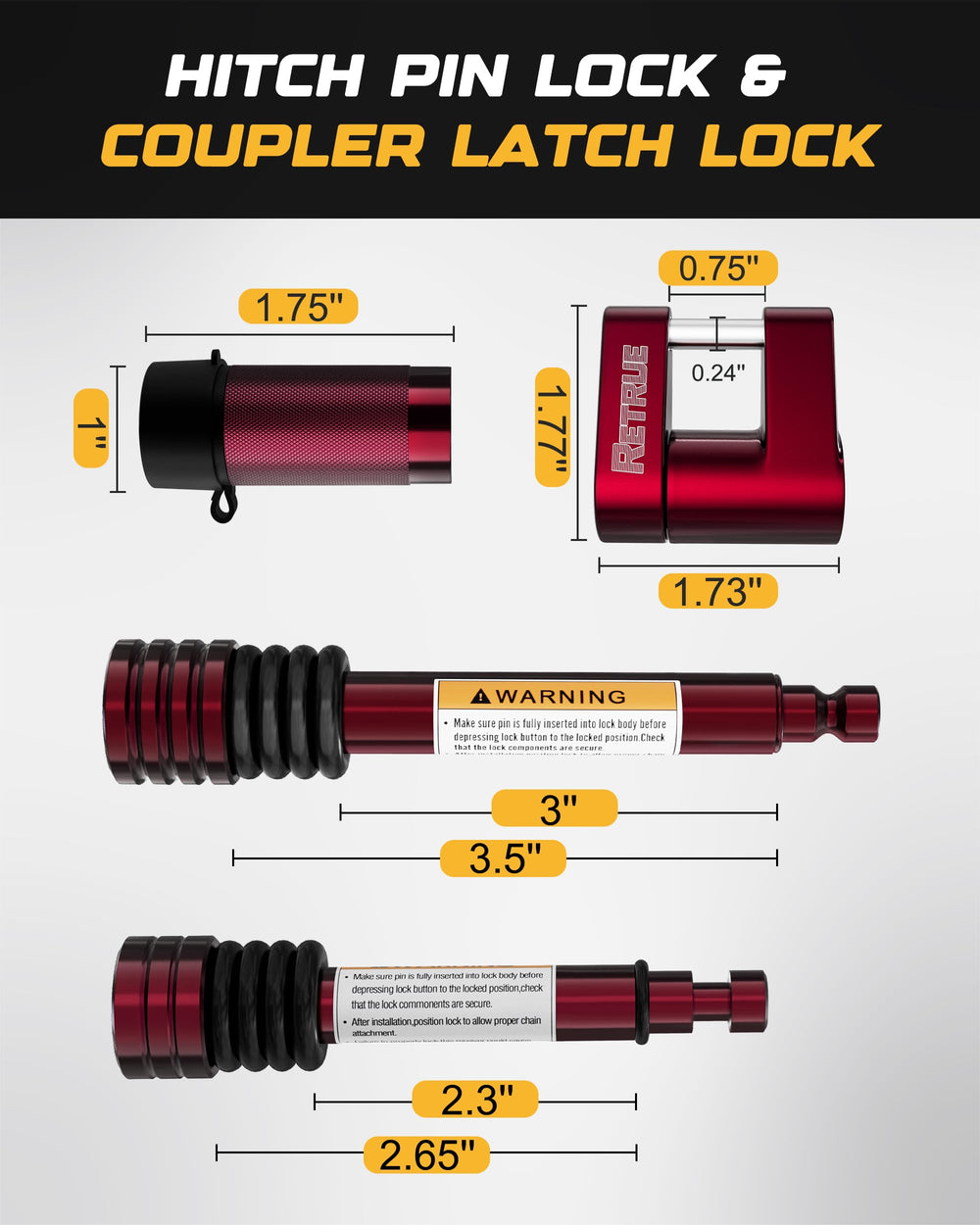 RETRUE two hitch pins side-by-side showing different diameters for versatility