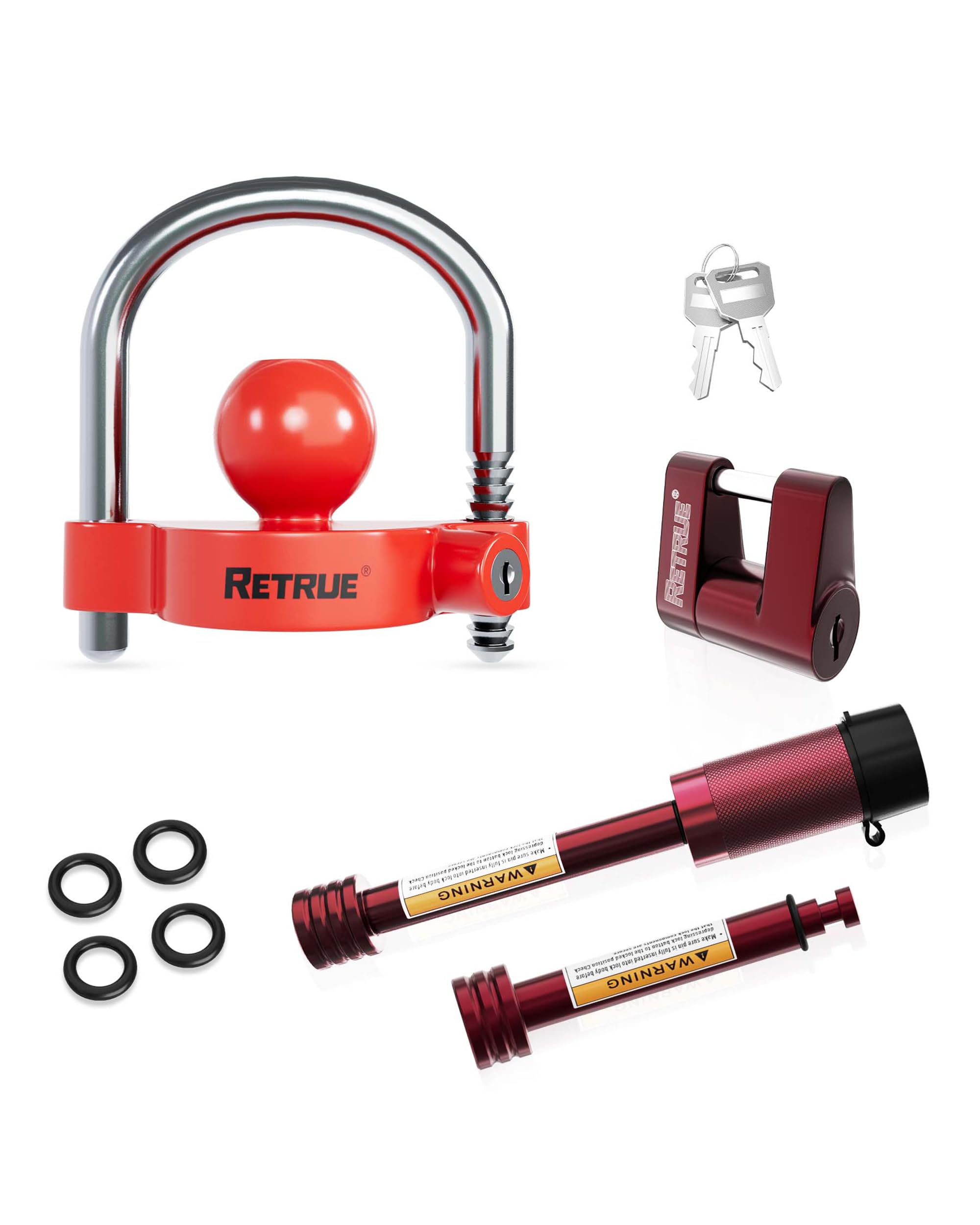 RETRUE package front view showing full red keyed-alike lock set and benefits