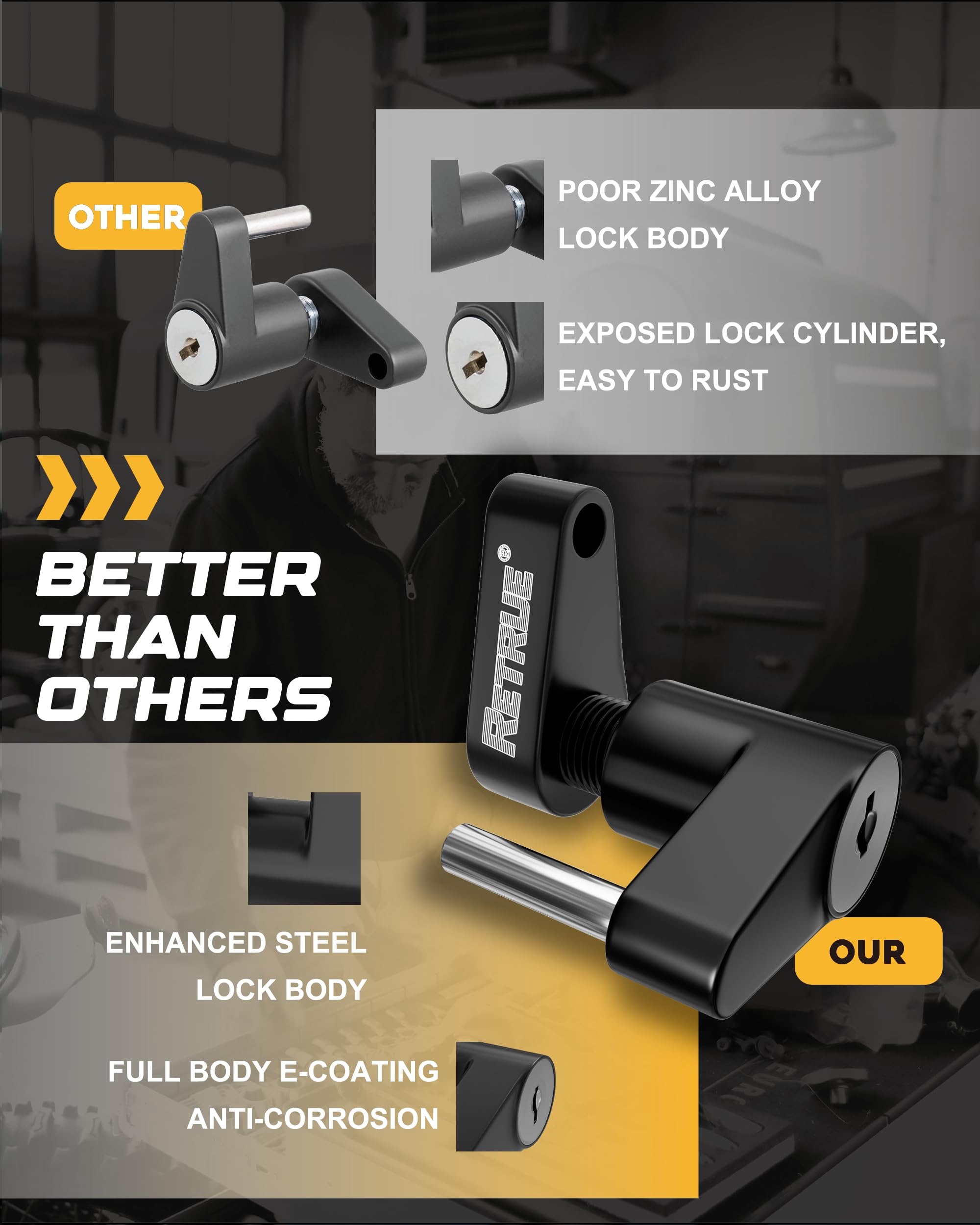 RETRUE lock installed on a trailer tongue demonstrating quick secure locking benefit