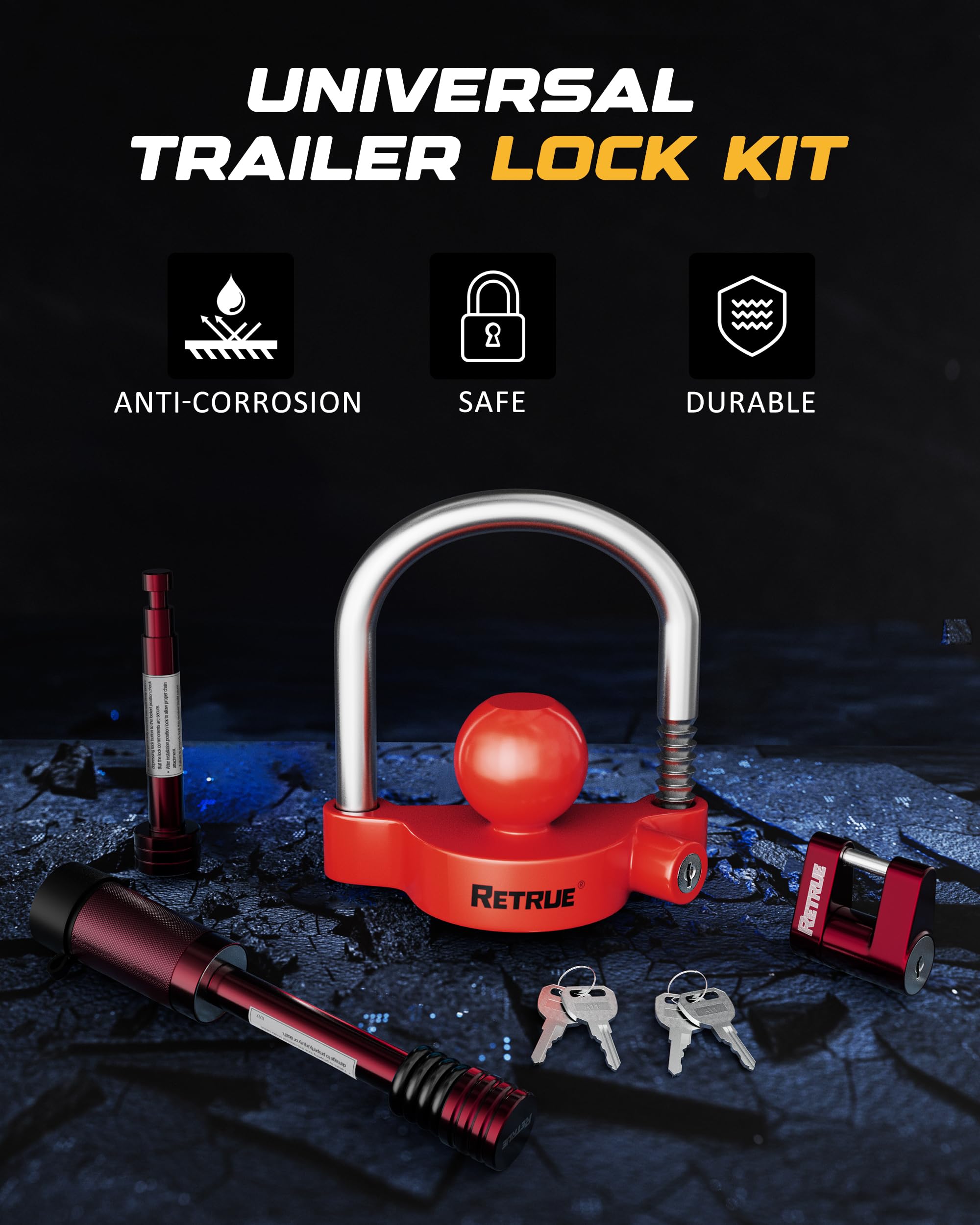 RETRUE tongue lock pin detailed view showing black finish and sturdy design