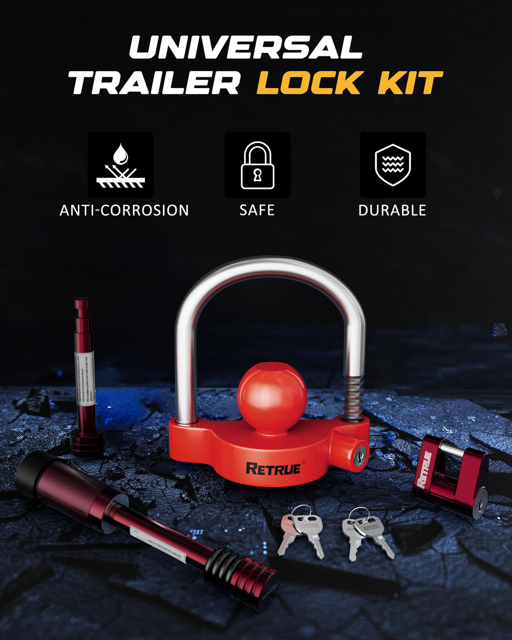 RETRUE tongue lock pin detailed view showing black finish and sturdy design