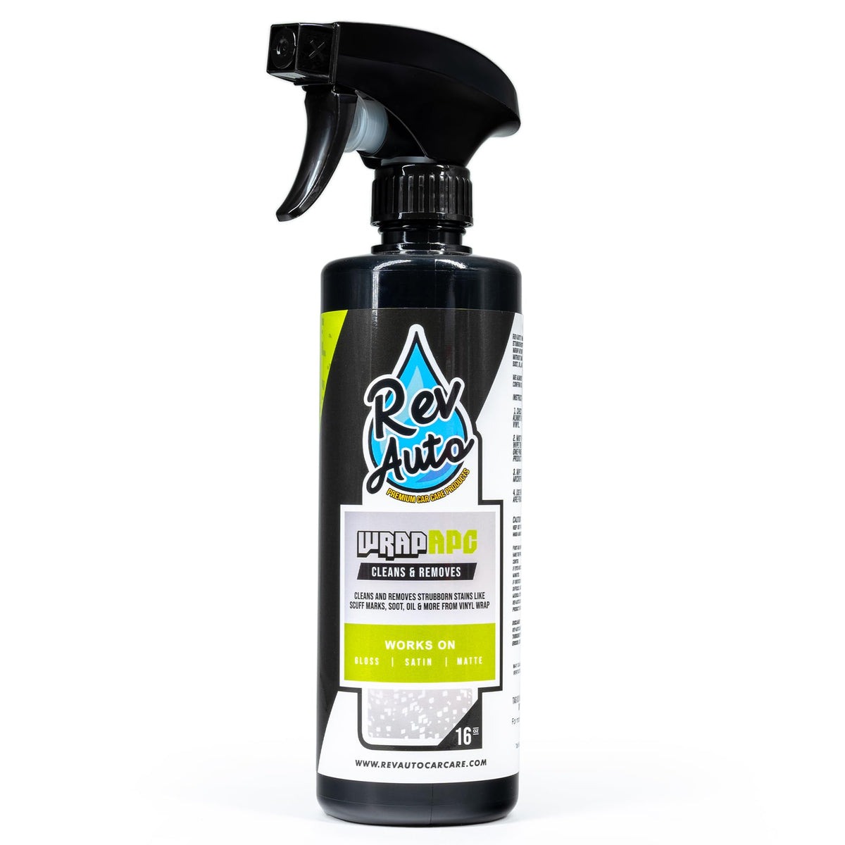 Rev Auto front label showing product name and 16 fl oz size, clear branding benefit