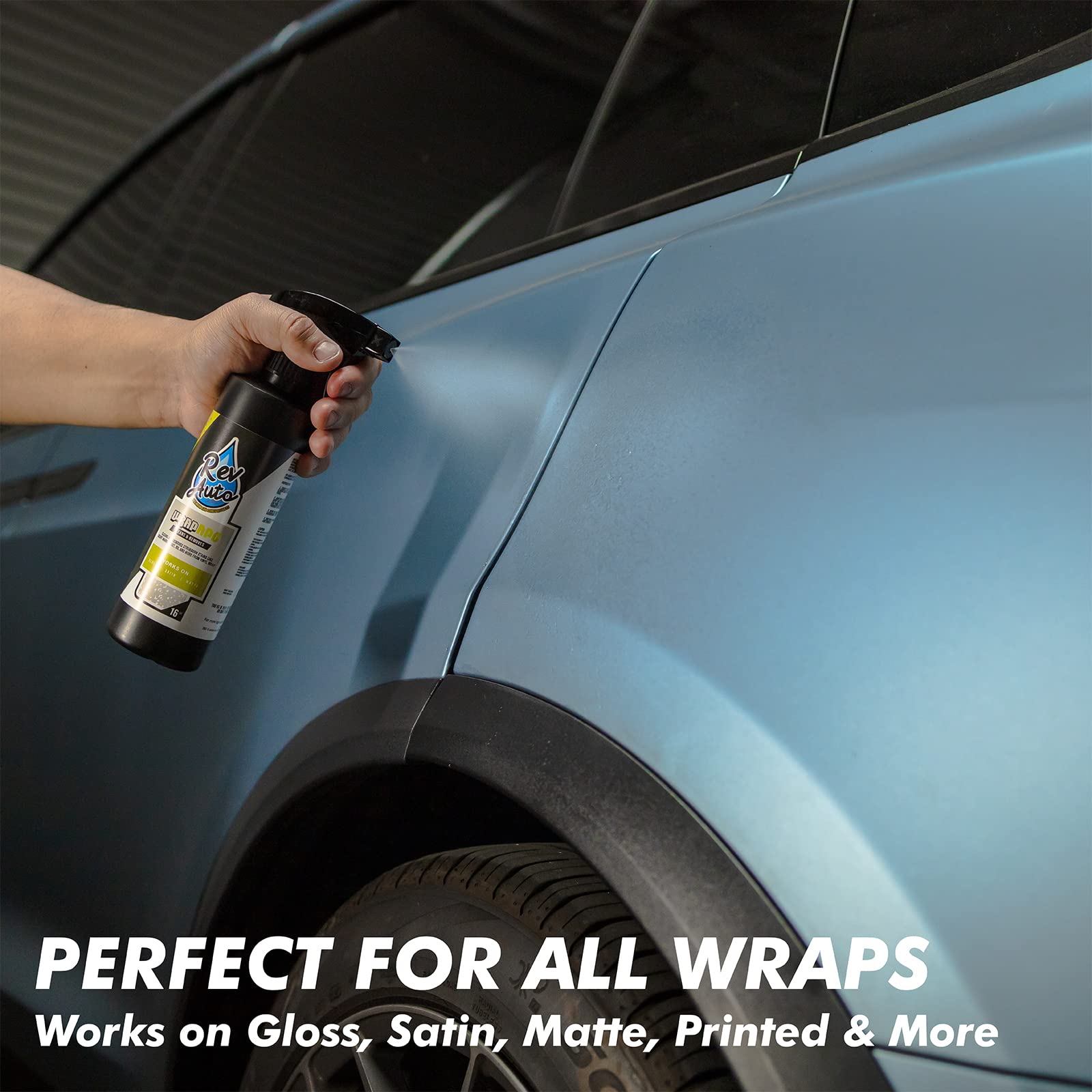 Rev Auto being wiped on a wrapped car door, removes scuffs and restores appearance
