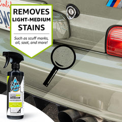 Rev Auto bottle spraying cleaner onto microfiber, fast stain removal demonstration