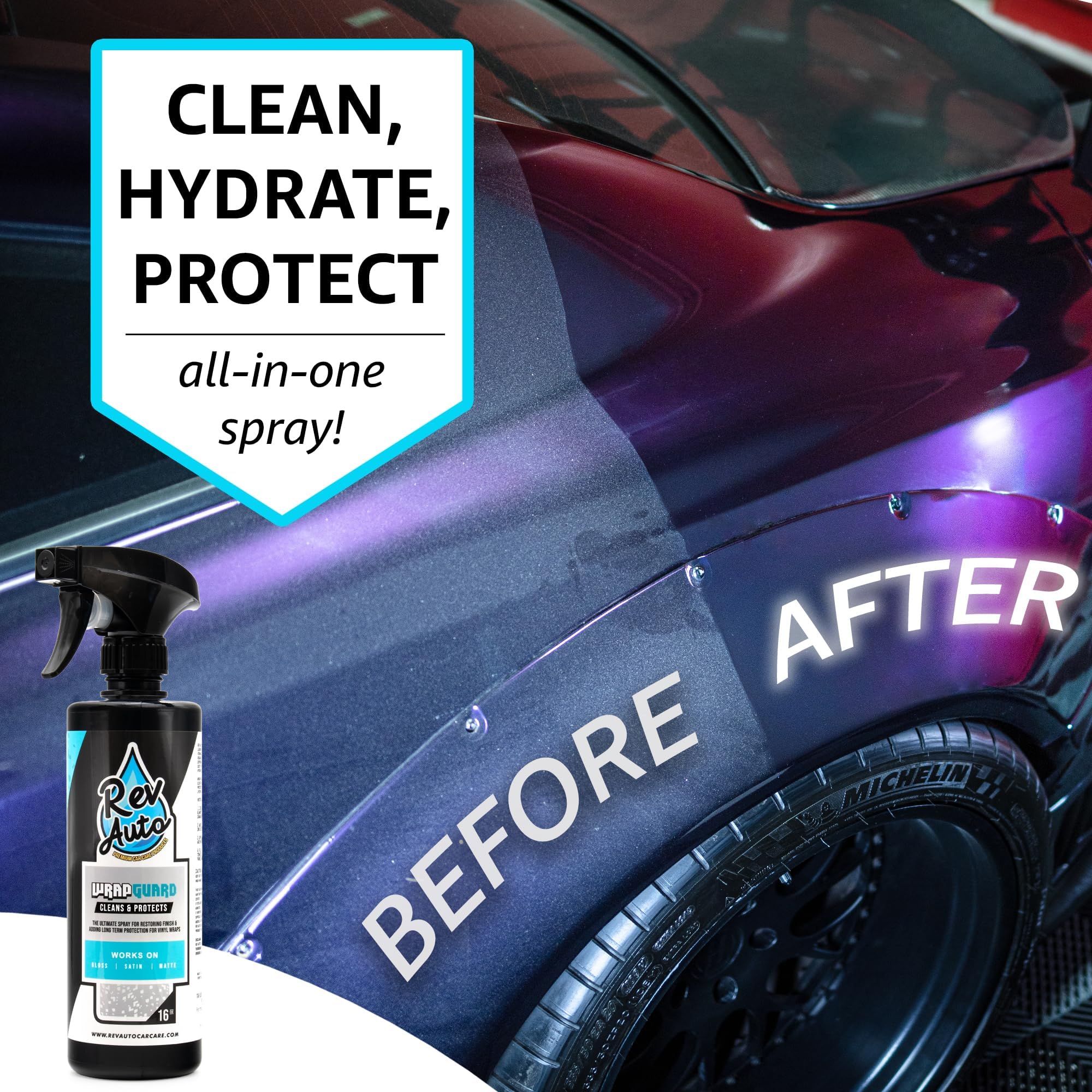 Rev Auto spray nozzle dispensing product, demonstrates easy application benefit