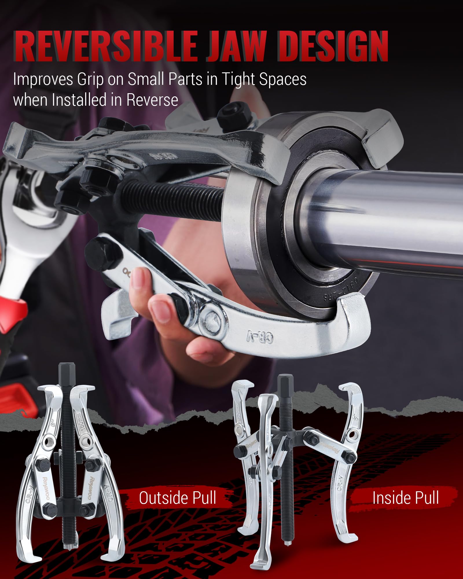 Reywoo gear puller next to ruler showing spread and reach for size verification