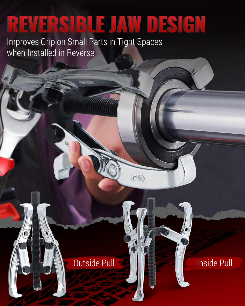 Reywoo gear puller next to ruler showing spread and reach for size verification