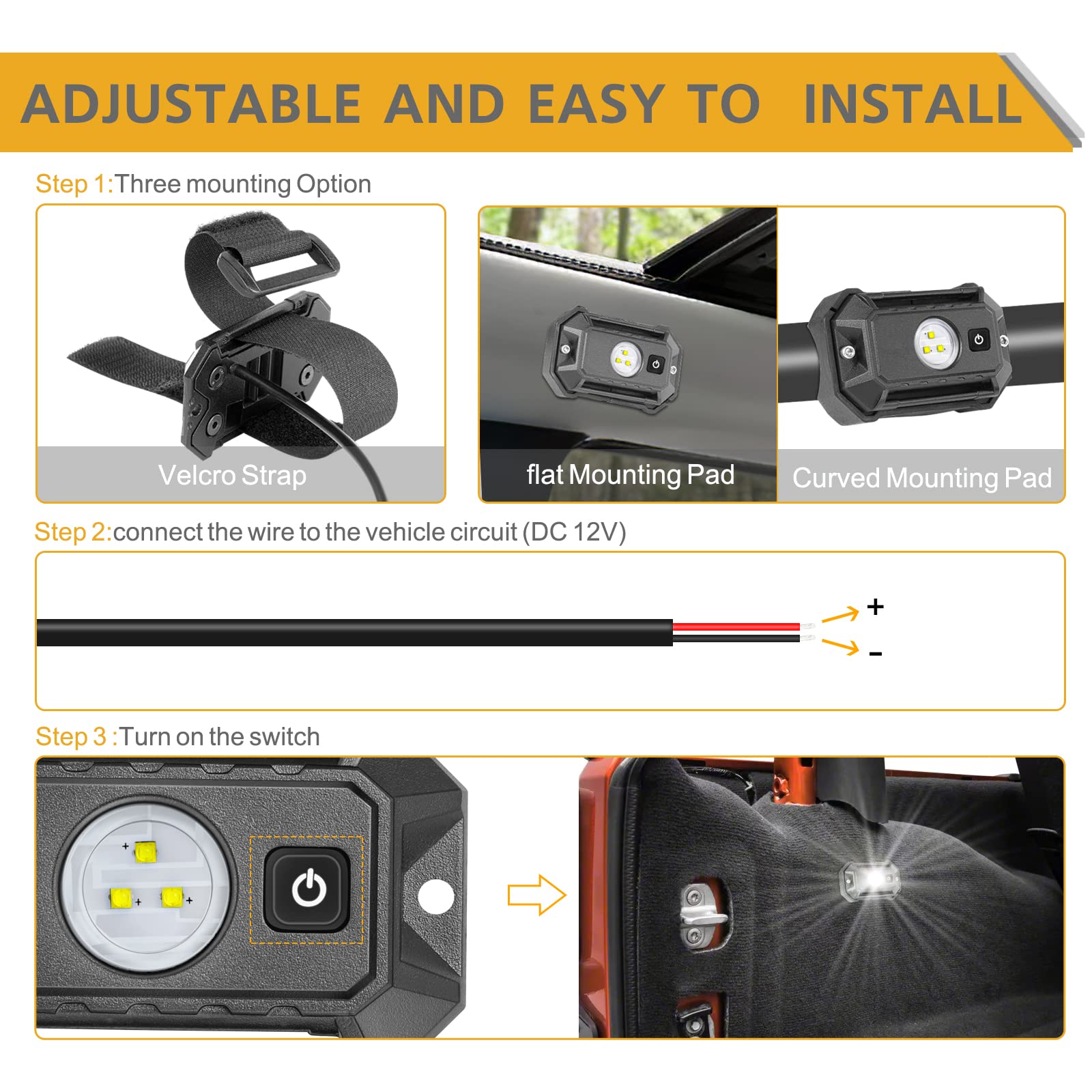 Rfroad Lighting mounted with Velcro on roll bar demonstrating secure, tool-free fit
