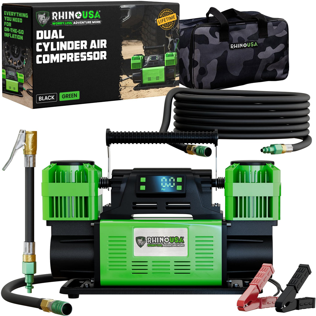 Rhino USA compressor front view showing durable housing and pump—reliable inflation on demand