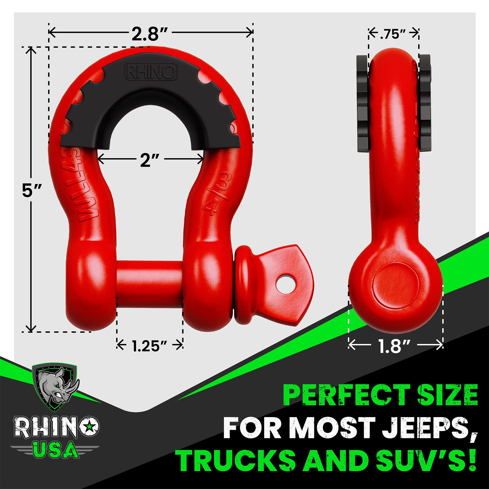 Rhino USA shackles mounted on aftermarket bumper demonstrating fit and secure attachment