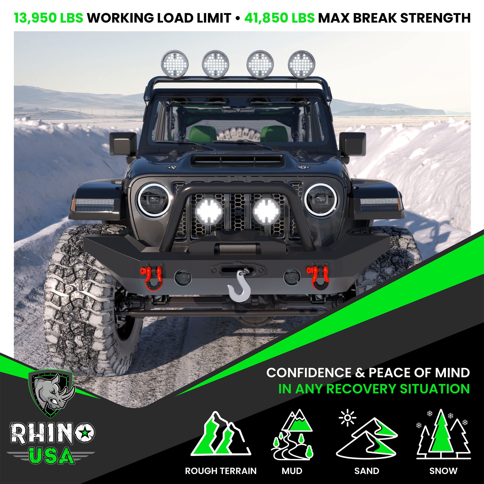 Rhino USA shackles with scale comparison illustrating size and heavy-duty capacity