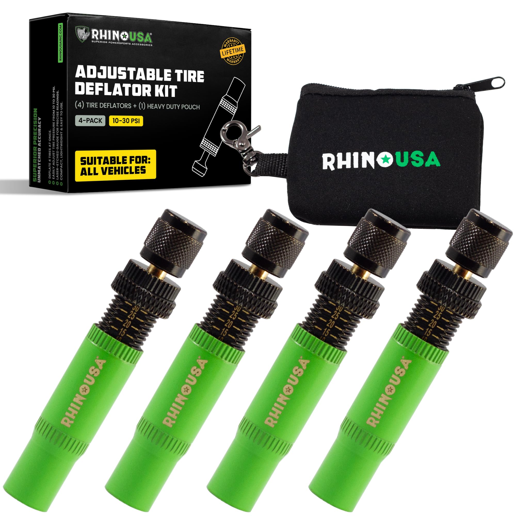 Rhino USA kit front packaging showing four deflators and pouch for organized storage