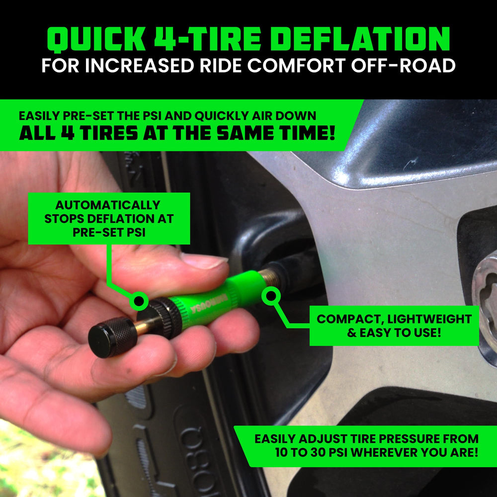 Rhino USA deflator mounted on a tire valve stem demonstrating quick attach benefit