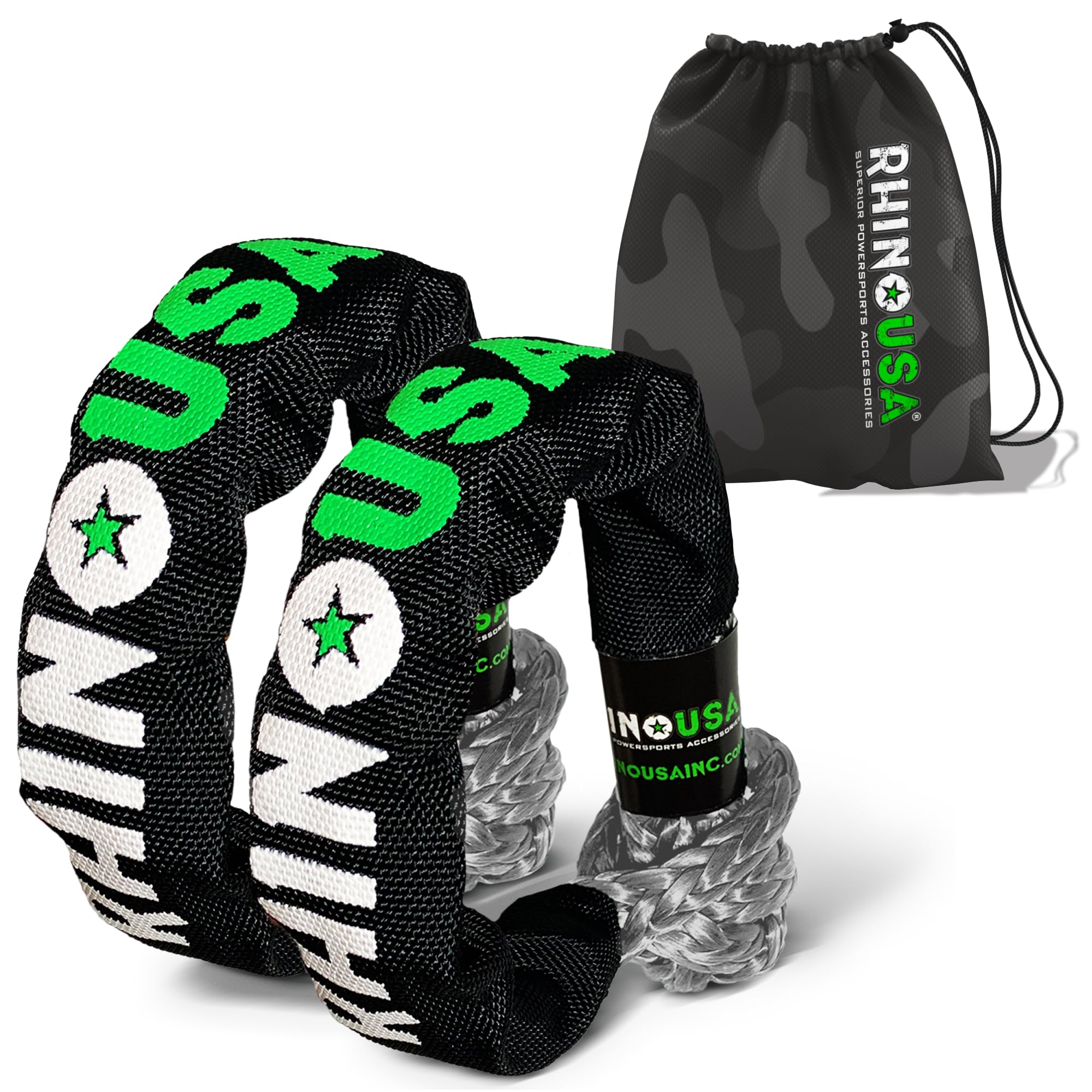 Rhino USA front packaging showing two soft shackles and clear strength label