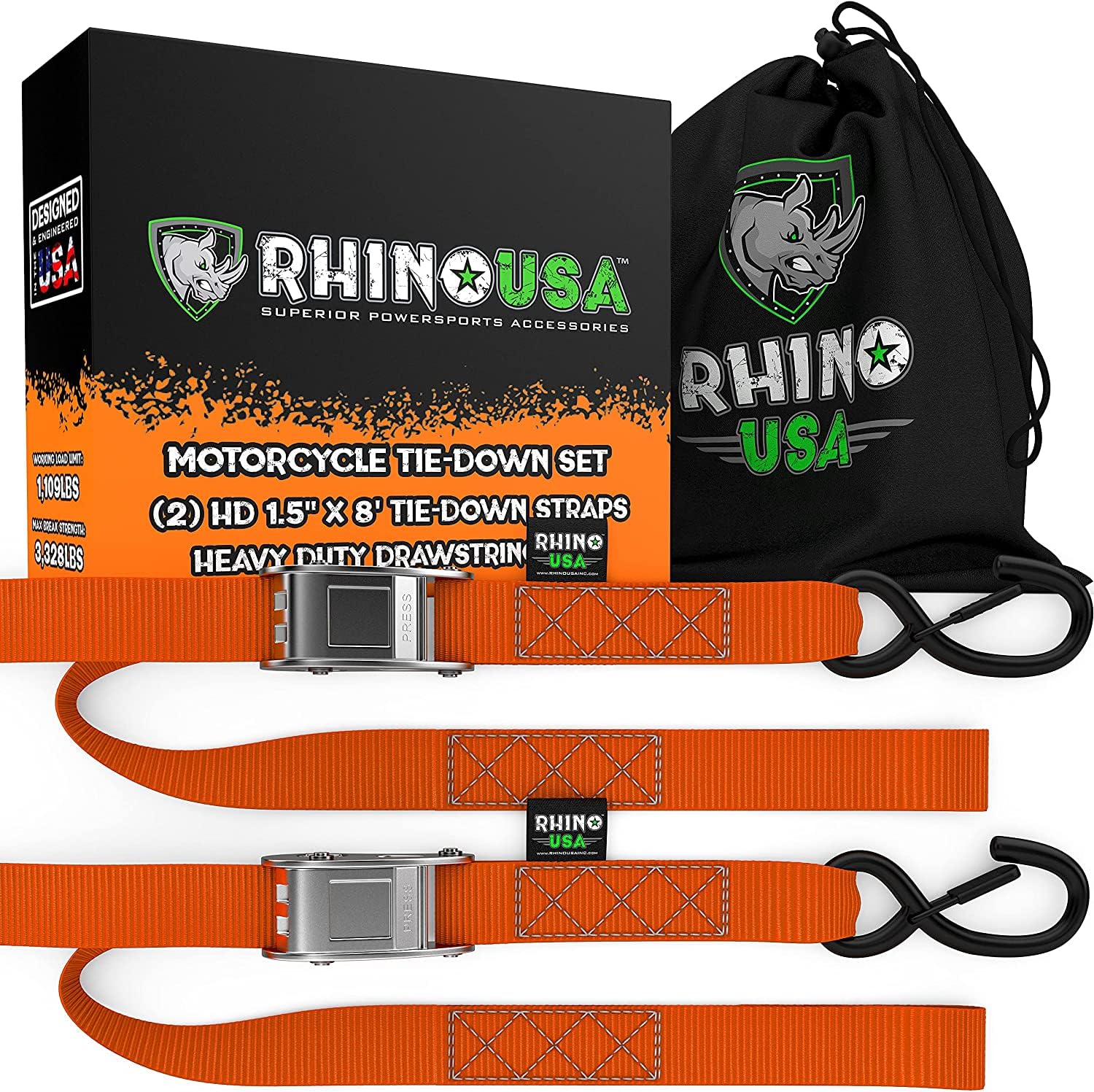 Rhino USA front packaging showing two cambuckle tie-downs and branding benefits