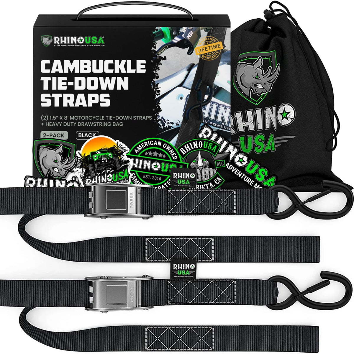 Rhino USA front packaging showing two cambuckle straps for quick identification and trust
