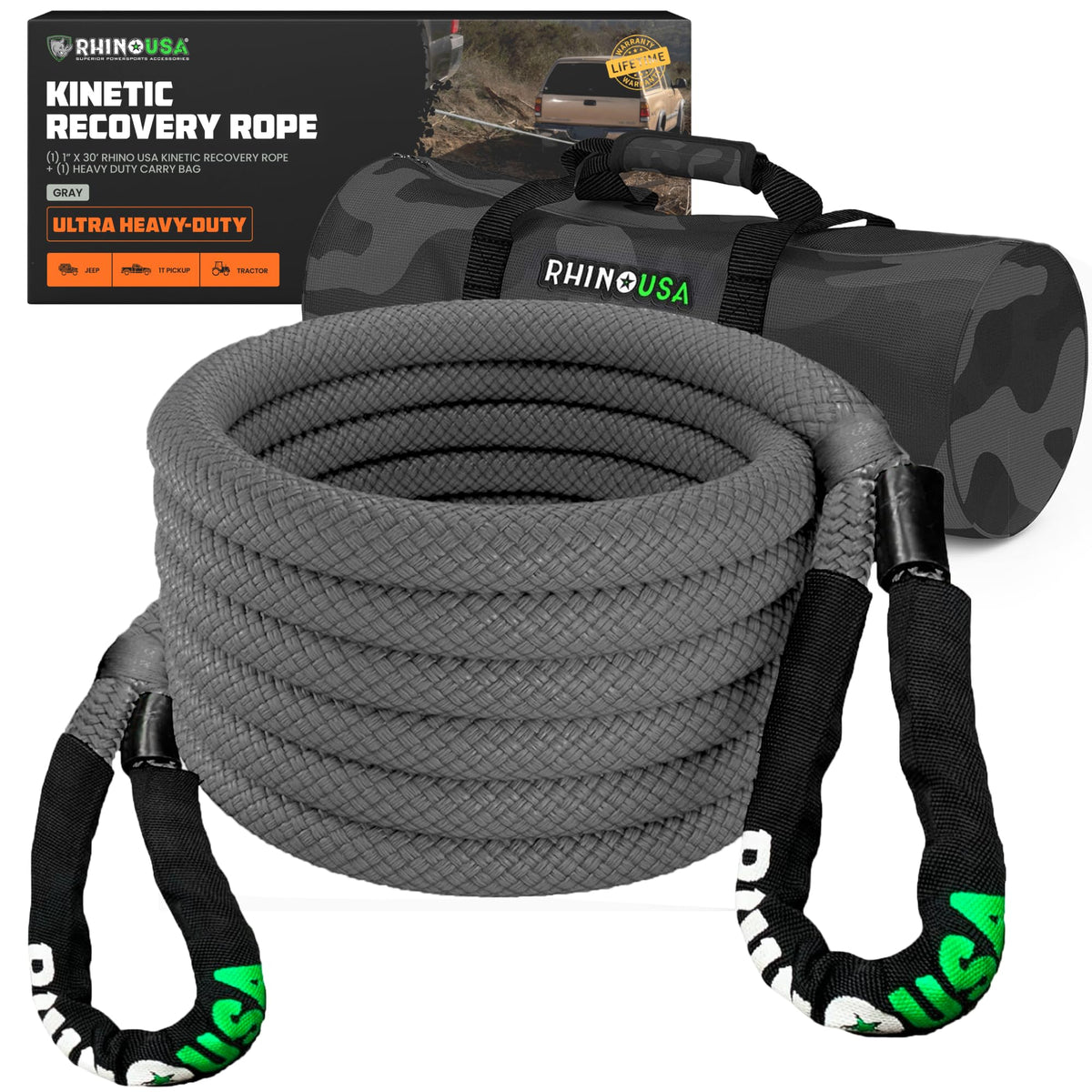 Rhino USA front packaging showing rope and bag, highlights durability
