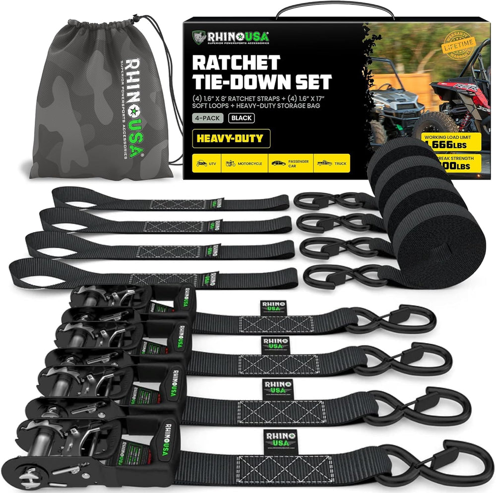Rhino USA front packaging showing four heavy-duty ratchet straps and features