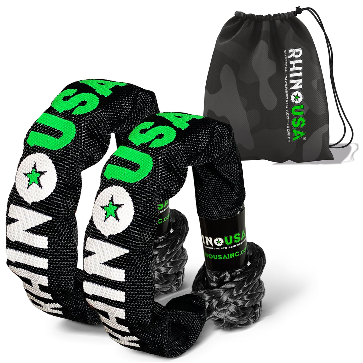 Rhino USA front packaging showing two soft shackles and branding benefit durability