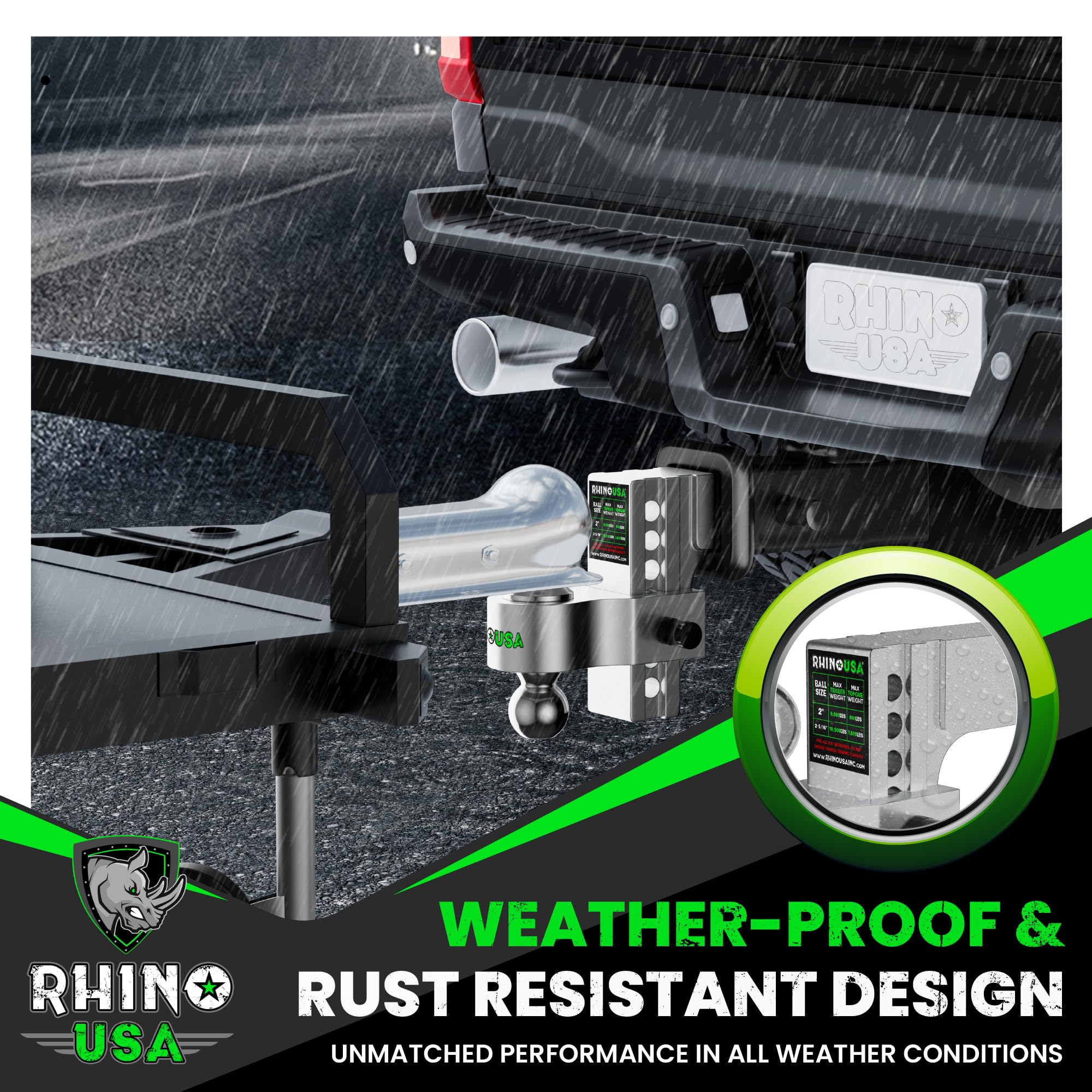 Rhino USA height comparison with ruler to visualize 8-inch adjustment